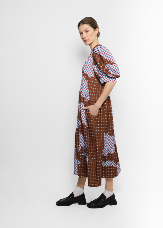 Vestido Maxi Puffy Tartán Brown